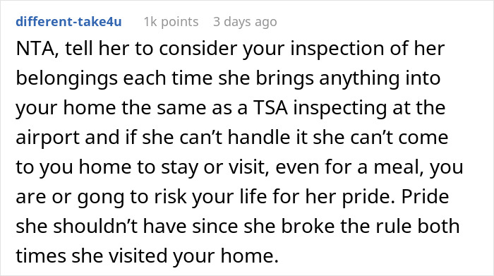 Reddit comment discussing baggage inspection concerns with brother-in-law and girlfriend staying over. Reddit comment discussing baggage inspection concerns with brother-in-law and girlfriend staying over.