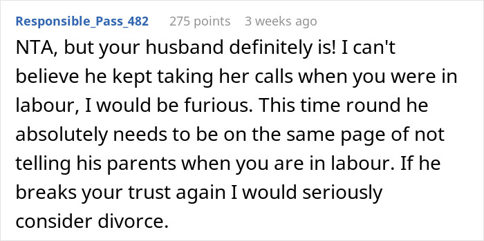 Reddit user comment discussing husband's actions during partner's labor and advice on dealing with his parents. Reddit user comment discussing husband's actions during partner's labor and advice on dealing with his parents.