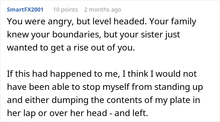 Text exchange about family boundaries and a sister testing limits by touching food; response suggests leaving. Text exchange about family boundaries and a sister testing limits by touching food; response suggests leaving.
