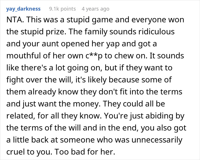 Reddit comment discussing family drama over a grandpa's petty will decisions. Reddit comment discussing family drama over a grandpa's petty will decisions.