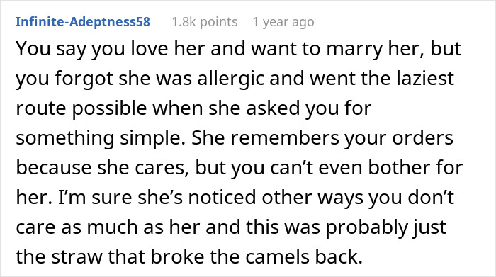Reddit comment discussing fiancée reconsidering relationship over sandwich mistake, highlighting care and effort issues.