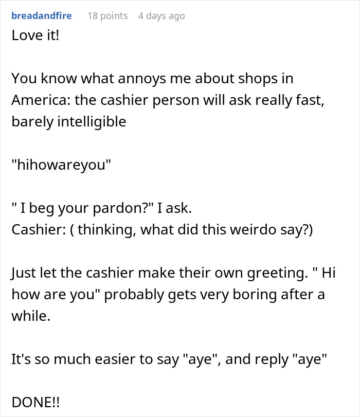 Text exchange about grocery store employee's greeting approach. Text exchange about grocery store employee's greeting approach.