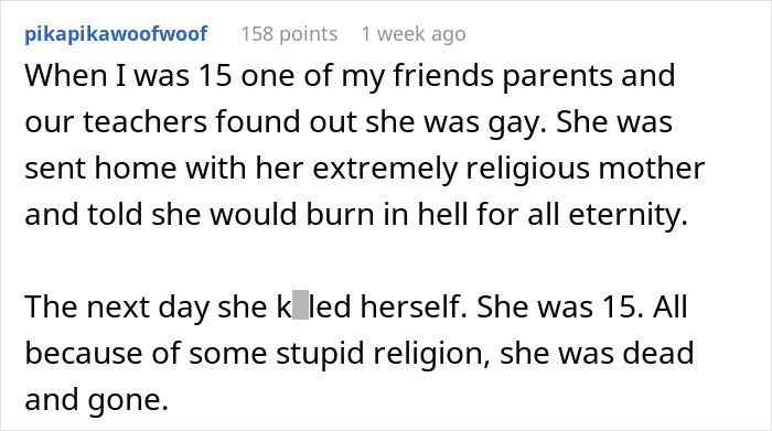 Text post discussing a friend’s suicide after religious rejection, related to wife threatening divorce over bi daughter lifestyle.