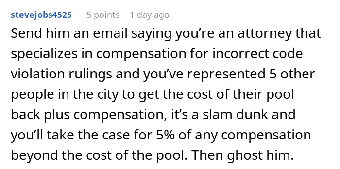 Reddit comment about filing a complaint and legal advice related to an illegal shed and losing a swimming pool. Reddit comment about filing a complaint and legal advice related to an illegal shed and losing a swimming pool.
