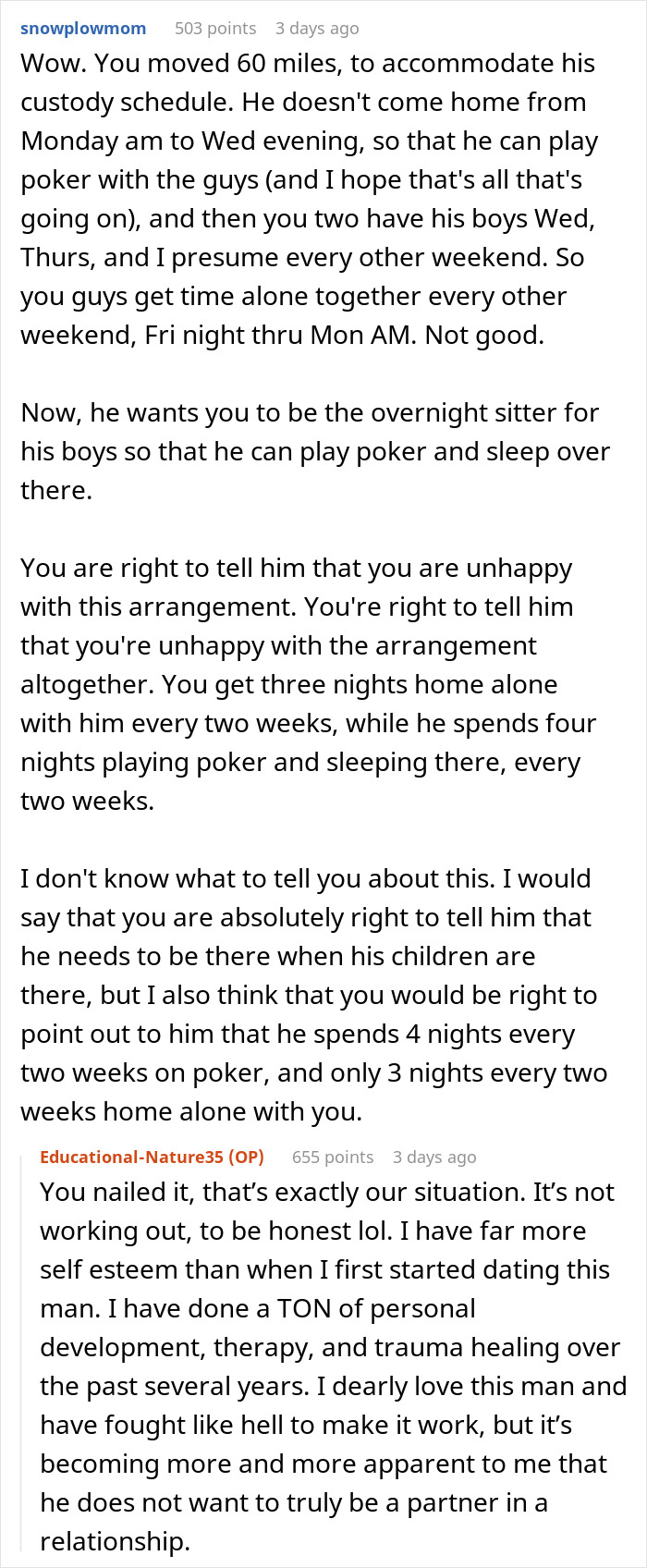 Text screenshot of a discussion about custody, parenting, and relationship expectations concerning husband's presence. Text screenshot of a discussion about custody, parenting, and relationship expectations concerning husband's presence.
