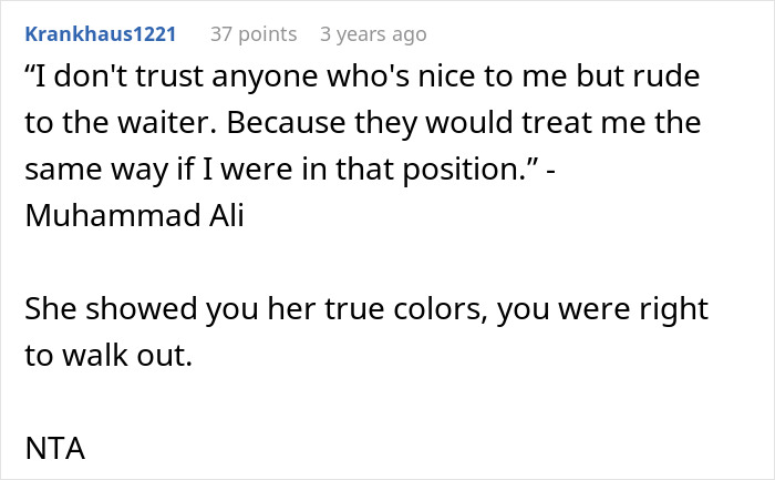 Reddit comment about woman snapping at waitress, featuring a Muhammad Ali quote on treating others with respect. Reddit comment about woman snapping at waitress, featuring a Muhammad Ali quote on treating others with respect.