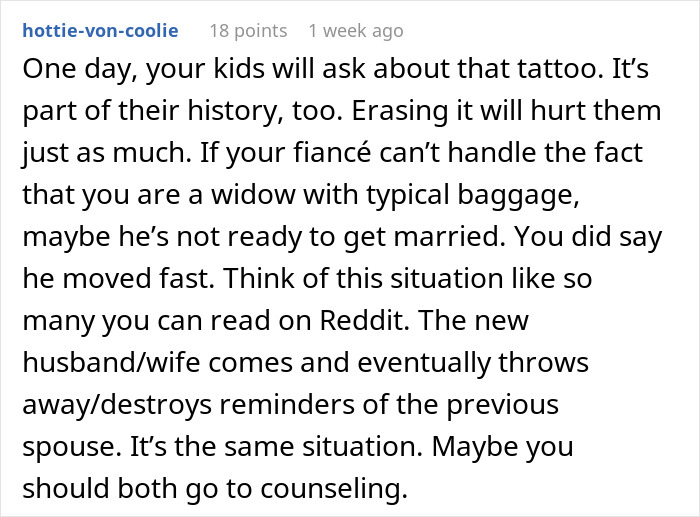 Reddit comment discussing relationship issues related to a tattoo from a past marriage. Reddit comment discussing relationship issues related to a tattoo from a past marriage.