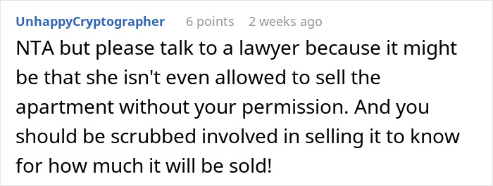 Comment advising legal consultation about selling parents' apartment, highlighting permission and involvement. Comment advising legal consultation about selling parents' apartment, highlighting permission and involvement.