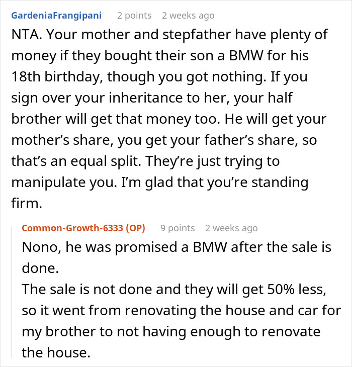 Reddit discussion on inheritance, sharing money from parents' apartment, and family dynamics. Reddit discussion on inheritance, sharing money from parents' apartment, and family dynamics.