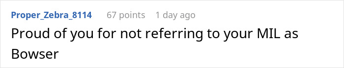 Comment discussing MIL with playful reference to Bowser, highlighting a humorous vacation spot scenario. Comment discussing MIL with playful reference to Bowser, highlighting a humorous vacation spot scenario.