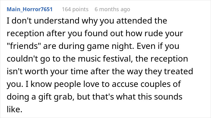 Reddit comment criticizing a couple for attending a wedding reception after being excluded from the ceremony. Reddit comment criticizing a couple for attending a wedding reception after being excluded from the ceremony.