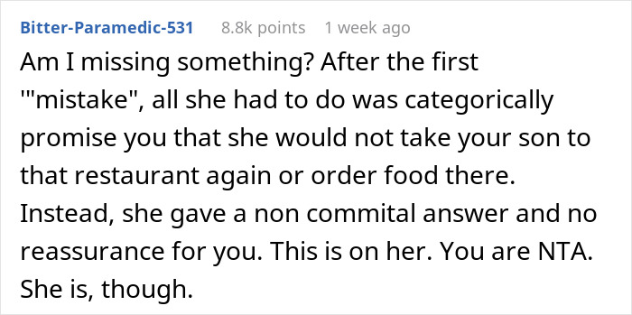 Reddit comment criticizing SIL for disregarding 7-year-old's allergies and offering no reassurance. Reddit comment criticizing SIL for disregarding 7-year-old's allergies and offering no reassurance.