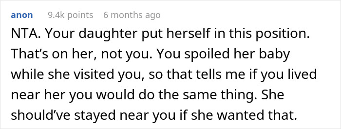 Comment discussing a mother feeling hurt because her distant daughter expects equal help with childcare as her sister nearby. Comment discussing a mother feeling hurt because her distant daughter expects equal help with childcare as her sister nearby.