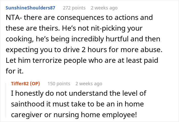 Online comments discussing refusing care for a hurtful father, mentioning consequences and caregiving challenges. Online comments discussing refusing care for a hurtful father, mentioning consequences and caregiving challenges.