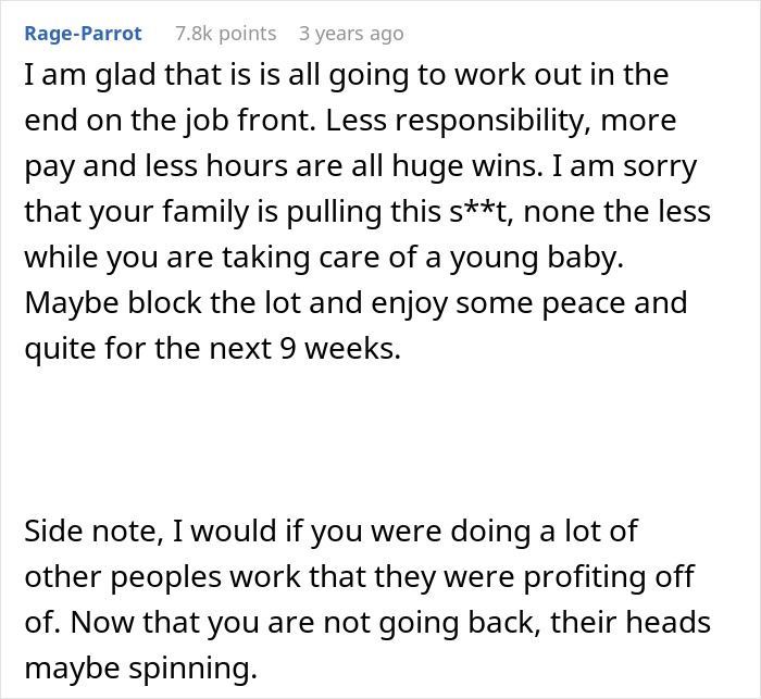 Text discussion on maternity leave, work calls, and client loss, emphasizing job wins and the importance of personal time. Text discussion on maternity leave, work calls, and client loss, emphasizing job wins and the importance of personal time.