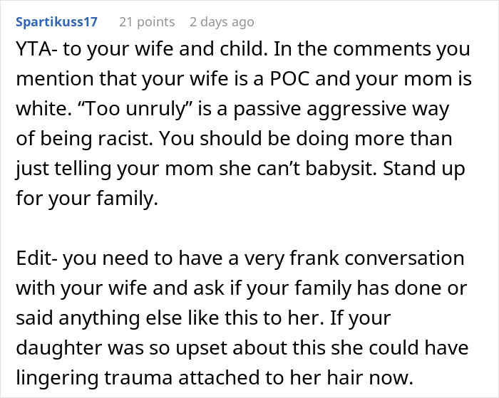 Comment discussing MIL cutting child's hair and babysitting issue. Comment discussing MIL cutting child's hair and babysitting issue.