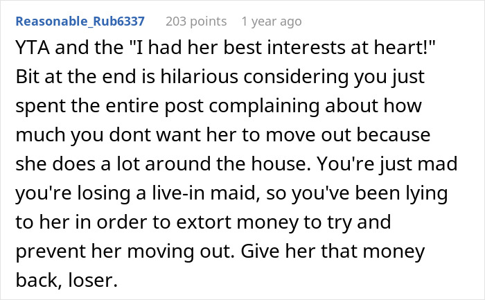 Comment criticizing a man for overcharging rent to his stepdaughter, highlighting his motives related to chores. Comment criticizing a man for overcharging rent to his stepdaughter, highlighting his motives related to chores.
