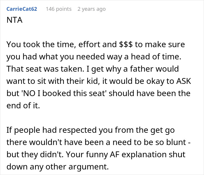 Reddit comment supporting woman who booked two plane seats, mentioning effort and respecting her choice. Reddit comment supporting woman who booked two plane seats, mentioning effort and respecting her choice.