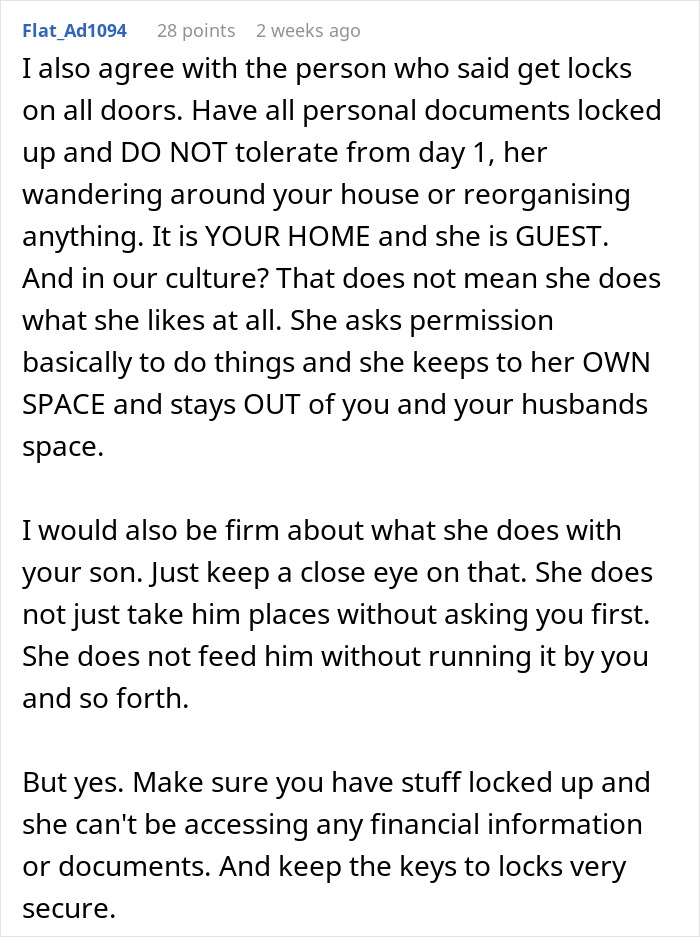 Text advising precautions for mother-in-law's extended stay, including privacy and consent boundaries. Text advising precautions for mother-in-law's extended stay, including privacy and consent boundaries.