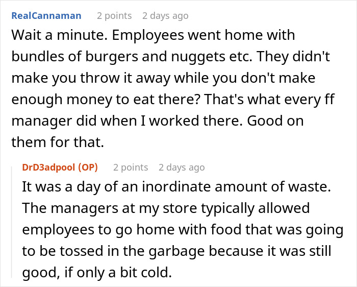 Reddit discussion about employees following break policy and taking home leftover food to reduce waste. Reddit discussion about employees following break policy and taking home leftover food to reduce waste.