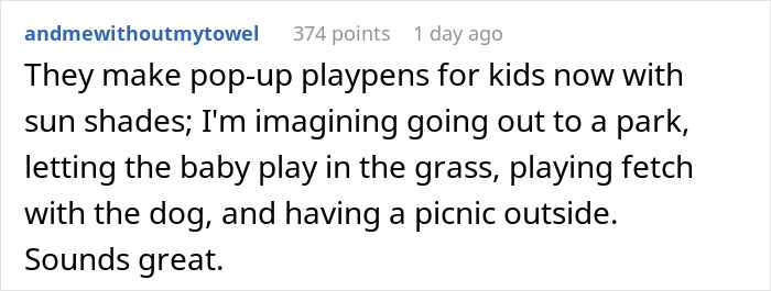 Reddit comment describing a park picnic with kids and pets, envisioning play and leisure. Reddit comment describing a park picnic with kids and pets, envisioning play and leisure.