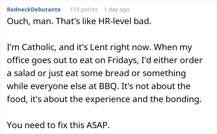 Comment on manager excluding coworker from BBQ due to diet, highlighting inclusion and bonding over food choices. Comment on manager excluding coworker from BBQ due to diet, highlighting inclusion and bonding over food choices.