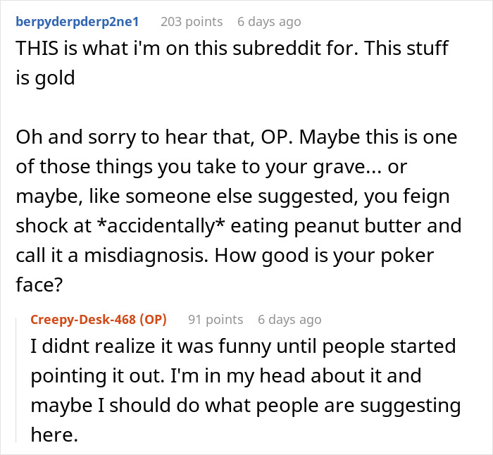 Reddit comments discussing a fake allergy situation turning complicated with suggestions and reactions. Reddit comments discussing a fake allergy situation turning complicated with suggestions and reactions.