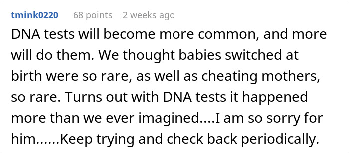 Comment about surprising family DNA test results discussing common occurrences and encouragement to keep checking frequently. Comment about surprising family DNA test results discussing common occurrences and encouragement to keep checking frequently.