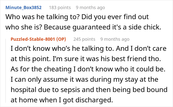 Text exchange discussing infidelity suspicion, highlighting partner's secretive behavior during hospital stay. Text exchange discussing infidelity suspicion, highlighting partner's secretive behavior during hospital stay.