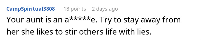 Screenshot of a Reddit comment about an aunt causing drama after the niece refuses to babysit her kids. Screenshot of a Reddit comment about an aunt causing drama after the niece refuses to babysit her kids.