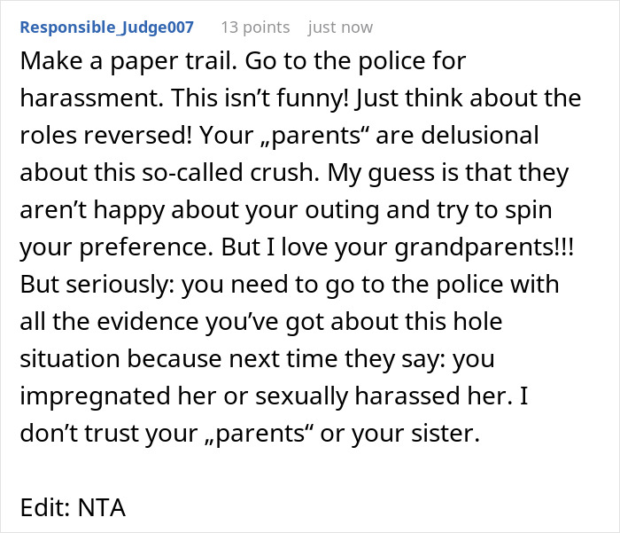 Text advising action against harassment labeled a "harmless prank" by parents, urging police involvement for protection. Text advising action against harassment labeled a "harmless prank" by parents, urging police involvement for protection.