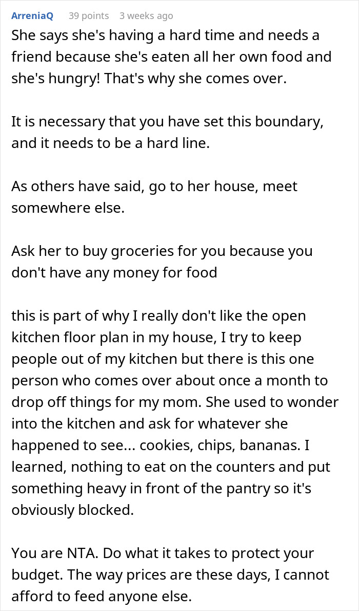 Discussion of woman confronting friend over eating $60 groceries. Comments suggest setting boundaries and alternatives. Discussion of woman confronting friend over eating $60 groceries. Comments suggest setting boundaries and alternatives.
