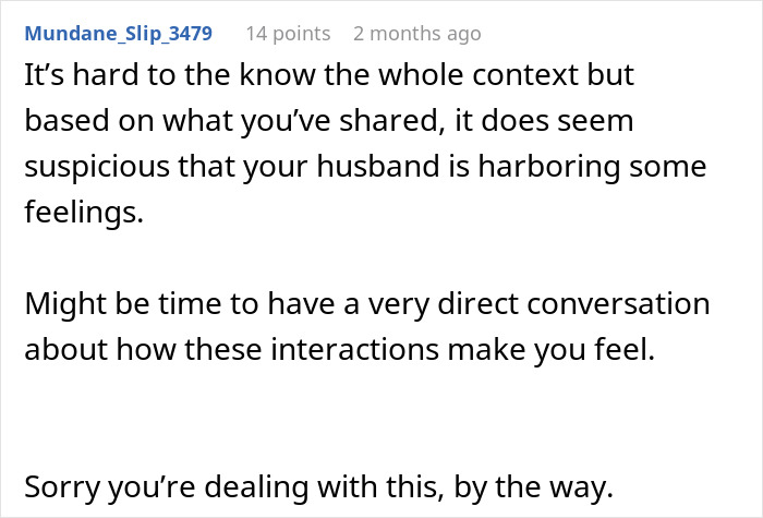 Screenshot of an online comment discussing suspicion and feelings about a husband’s late-night drinks with a coworker. Screenshot of an online comment discussing suspicion and feelings about a husband’s late-night drinks with a coworker.