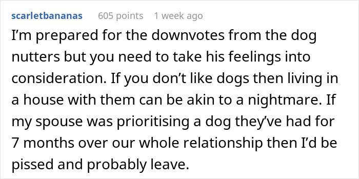 Reddit comment discussing a spouse's frustration with an adopted dog's behavior and relationship priority issues. Reddit comment discussing a spouse's frustration with an adopted dog's behavior and relationship priority issues.