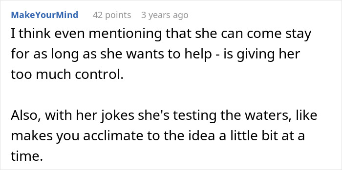 Comment discussing MIL's control and testing boundaries with jokes, related to baby scenario. Comment discussing MIL's control and testing boundaries with jokes, related to baby scenario.