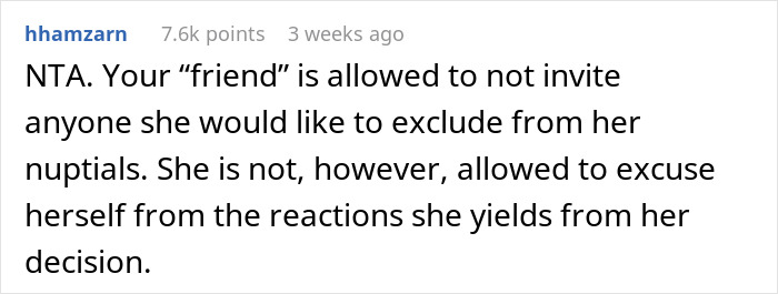 Reddit comment discussing friend’s wedding and exclusion of guests without a plus one. Reddit comment discussing friend’s wedding and exclusion of guests without a plus one.