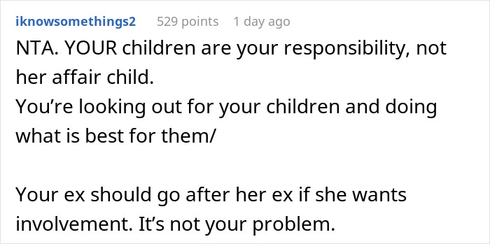 Reddit comment discussing support for a child from an ex's affair, emphasizing responsibility for one's own kids. Reddit comment discussing support for a child from an ex's affair, emphasizing responsibility for one's own kids.