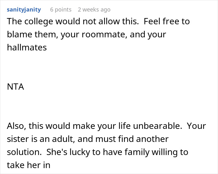 Reddit comment about college dorm room sharing issues with sibling and her baby. Reddit comment about college dorm room sharing issues with sibling and her baby.