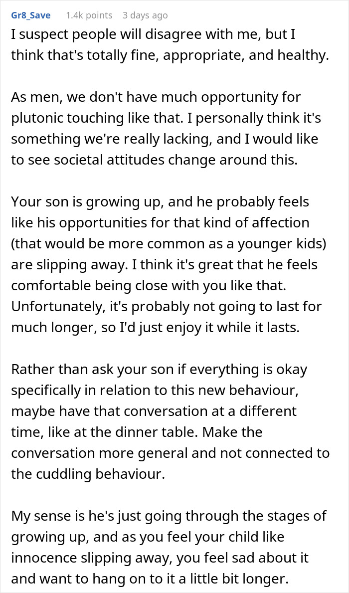 Text discussing a teen boy wanting to snuggle with his dad, touching on societal attitudes and father-son affection. Text discussing a teen boy wanting to snuggle with his dad, touching on societal attitudes and father-son affection.