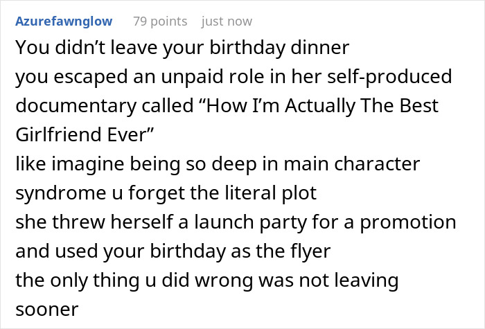Text exchange discussing a birthday dinner being overshadowed by a girlfriend's celebration. Text exchange discussing a birthday dinner being overshadowed by a girlfriend's celebration.