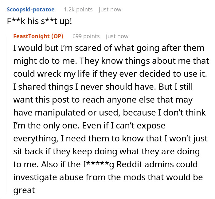 In a Reddit post, a user expresses fear of repercussions from a married Reddit mod. In a Reddit post, a user expresses fear of repercussions from a married Reddit mod.