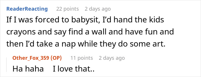 Commenters discuss creative babysitting ideas in a drama involving an aunt and niece's family conflict. Commenters discuss creative babysitting ideas in a drama involving an aunt and niece's family conflict.