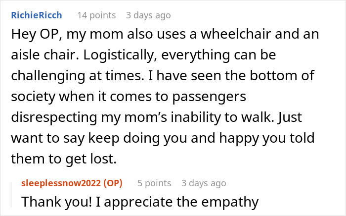 Comment supporting wheelchair user against rude passengers, highlighting empathy. Comment supporting wheelchair user against rude passengers, highlighting empathy.