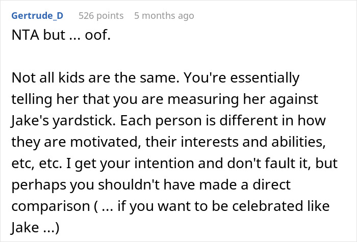 Comment discussing fairness in parenting, comparing kids' motivations and interests. Comment discussing fairness in parenting, comparing kids' motivations and interests.