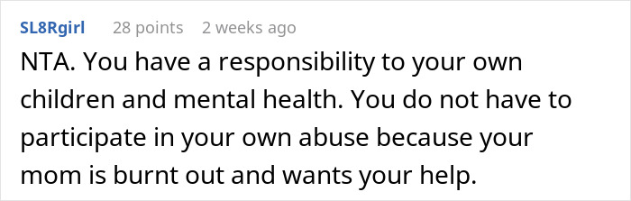 Reddit comment discussing the responsibility to one's mental health and the refusal to care for a cruel father. Reddit comment discussing the responsibility to one's mental health and the refusal to care for a cruel father.