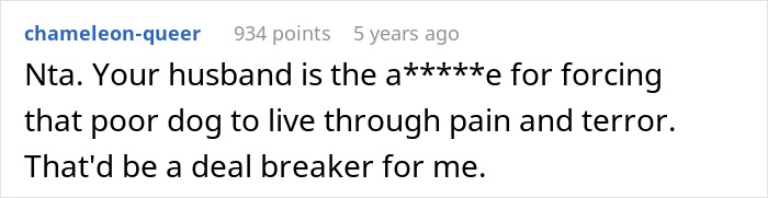 Reddit comment criticizing a husband for prolonging a dying dog's suffering. Reddit comment criticizing a husband for prolonging a dying dog's suffering.