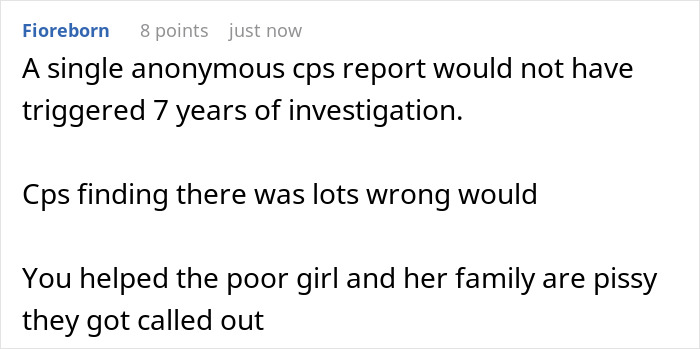 Comment discussing CPS investigation related to daughter's eating disorder. Comment discussing CPS investigation related to daughter's eating disorder.