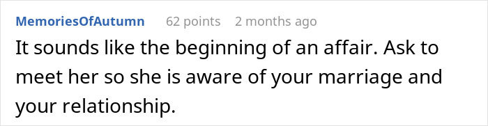 Comment discussing suspicions of an affair after husband’s late-night drinks with just a coworker. Comment discussing suspicions of an affair after husband’s late-night drinks with just a coworker.