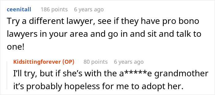 Online comments discussing babysitting and legal advice for adoption. Online comments discussing babysitting and legal advice for adoption.