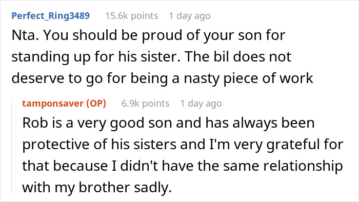 Reddit comments discussing bans, family dynamics, and sibling protection with strong opinions shared. Reddit comments discussing bans, family dynamics, and sibling protection with strong opinions shared.